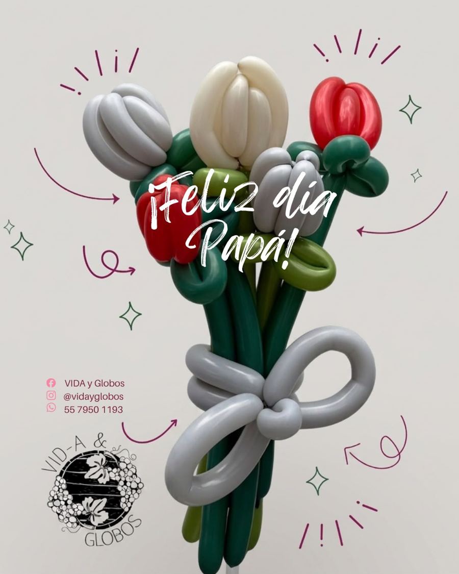 Ramo de tulipanes hecho con globos en blanco, gris y rojo